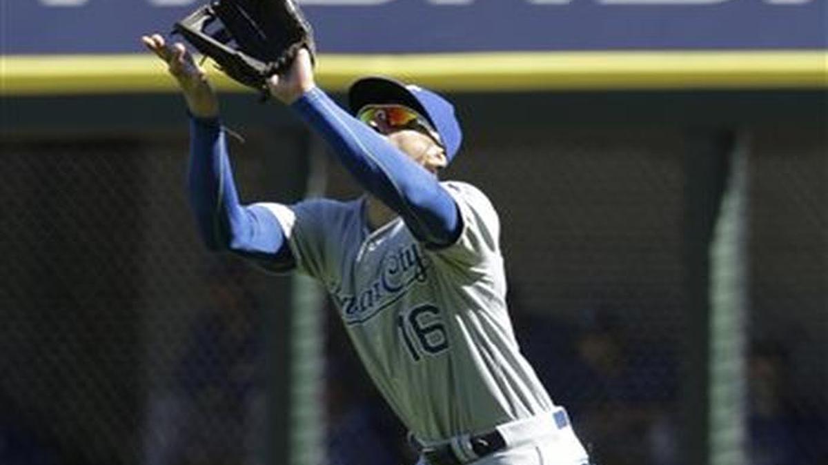 
Kansas City Royals right fielder Paulo Orlando catches a fly ball hit by Chicago White Sox's Adam LaRoche during the fourth inning of a baseball game in Chicago on Sunday, April 26, 2015. (AP Photo/Nam Y. Huh)
