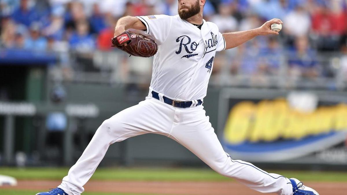 Kansas City Royals starting pitcher Danny Duffy throws in the first inning during Tuesday's baseball game against the Cleveland Indians on July 3, 2018, at Kauffman Stadium in Kansas City, Mo.