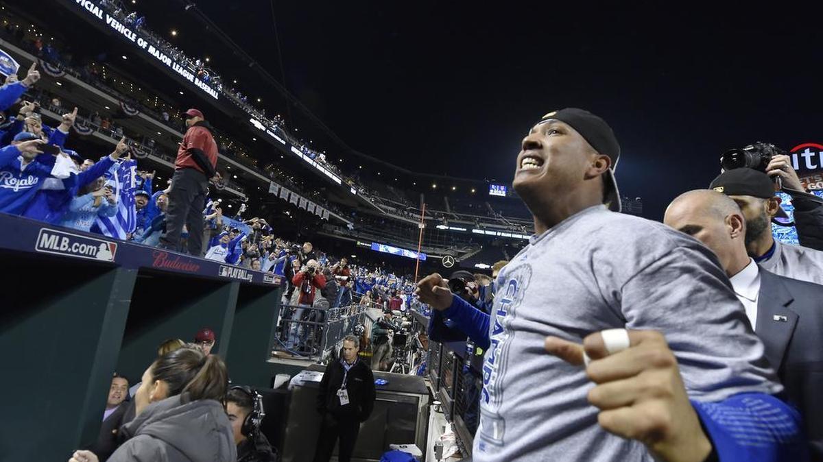 Kansas City Royals catcher Salvador Perez looked into the crowd after the Kansas City Royals defeated the New York Mets 7-2 in game five to win the World Series on Sunday, November 1, 2015 at Citi Field in New York.