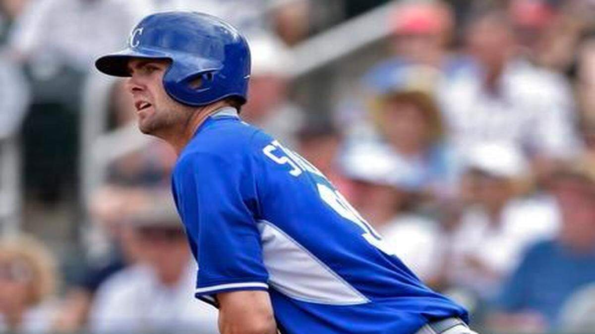 Kansas City Royals center fielder Bubba Starling hit a single against the Cleveland Indians on March 12 at Goodyear Ballpark in Goodyear, Ariz.
