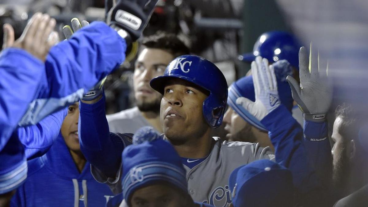Kansas City Royals catcher Salvador Perez celebrates after scoring on a double hit by right fielder Alex Rios in the second inning during game three of the World Series on Friday, October 30, 2015 at Citi Field in New York.
