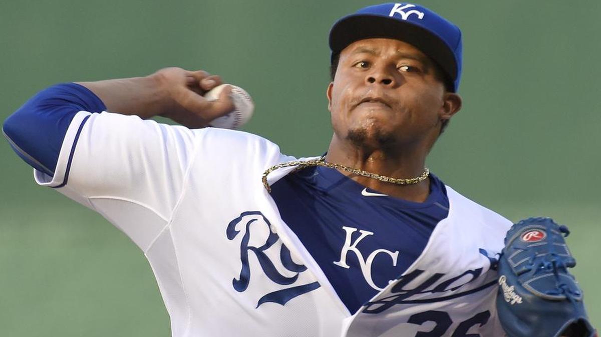 
Kansas City Royals starting pitcher Edinson Volquez (36) throws during Friday's baseball game against the Chicago White Sox on August 7, 2015 at Kauffman Stadium in Kansas City, Mo.
