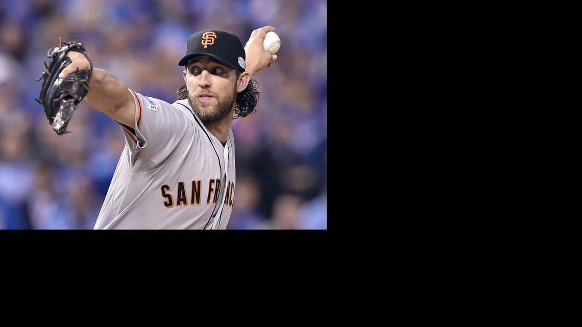 
San Francisco Giants pitcher Madison Bumgarner threw in relief in the fifth inning in game seven of the World Series on Wednesday, October 29, 2014, at Kauffman Stadium in Kansas City, Mo.
