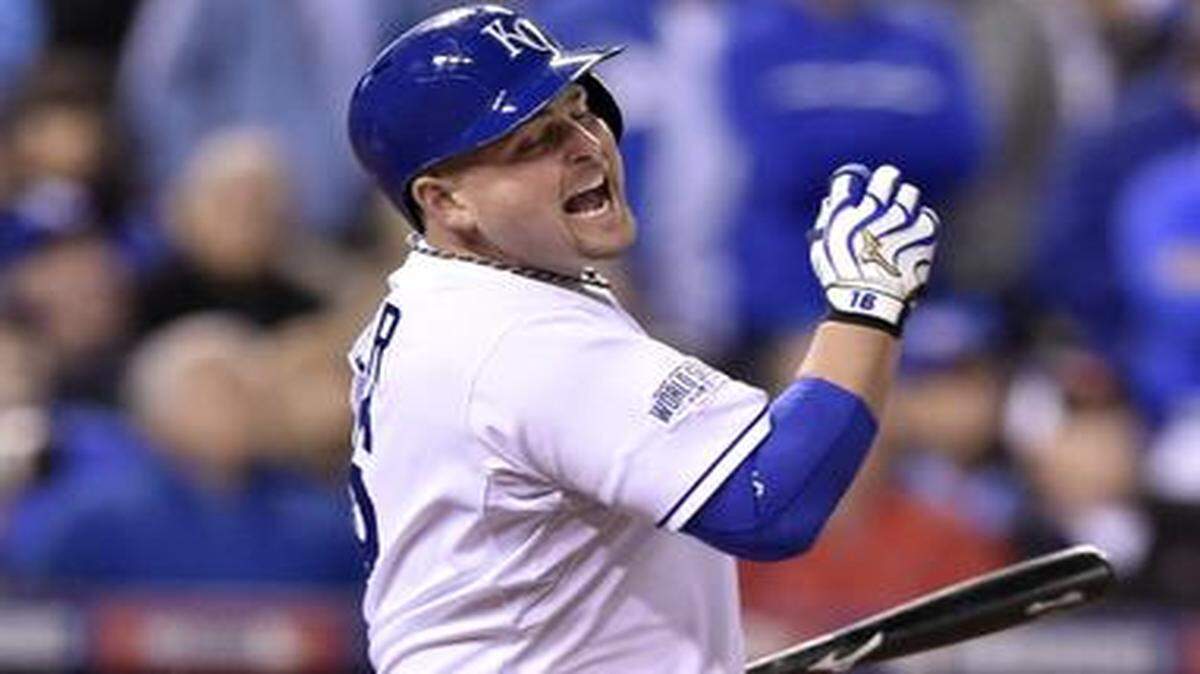 
Kansas City Royals designated hitter Billy Butler flied out in the sixth inning in game seven of the World Series on Wednesday, October 29, 2014, at Kauffman Stadium in Kansas City, Mo.
