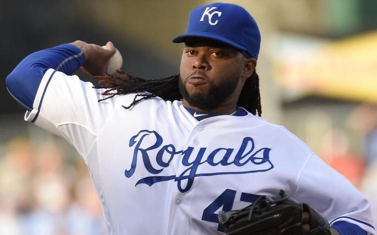 
Kansas City Royals starting pitcher Johnny Cueto (47) throws in the second inning during Saturday's baseball game against the Los Angeles Angels on August 15, 2015 at Kauffman Stadium in Kansas City, Mo.
