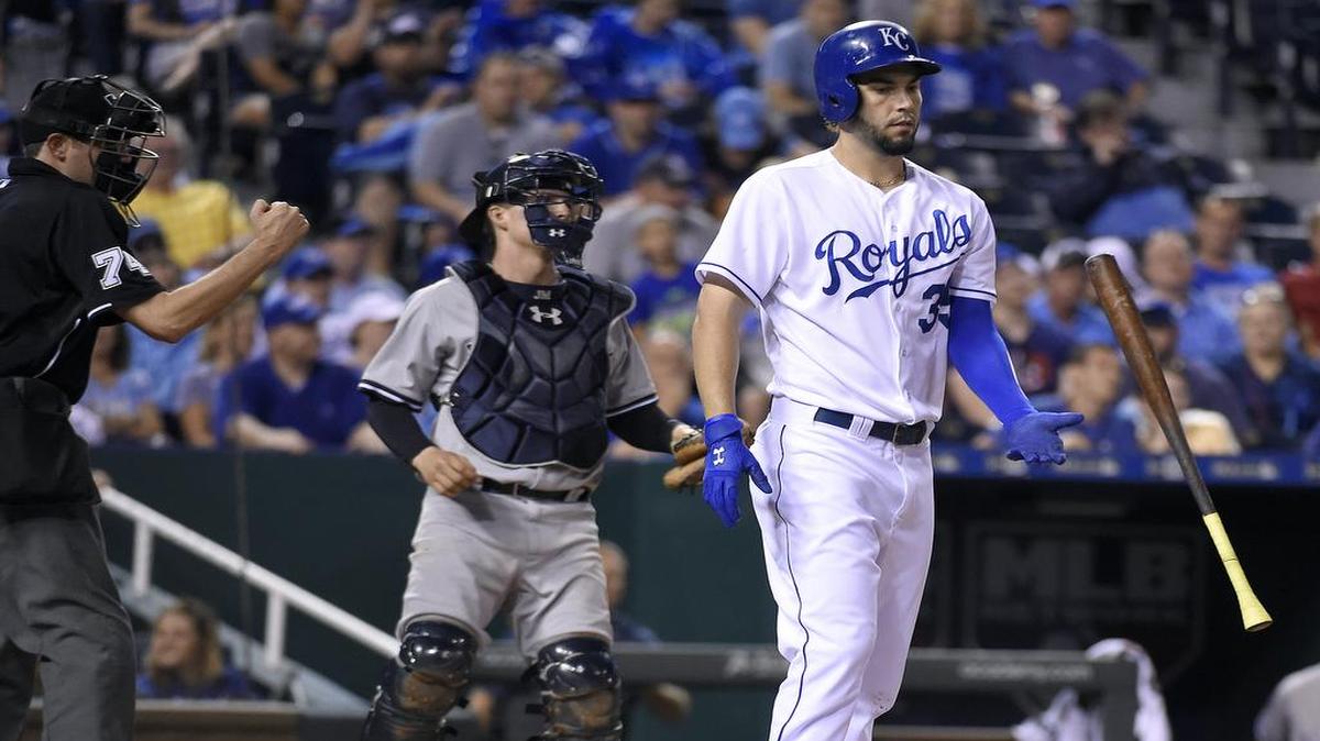 
Kansas City Royals' Eric Hosmer (35) flips his bat after striking out in front of New York Yankees catcher John Ryan Murphy (66) to end the eighth inning during Saturday's baseball game on May 16, 2015 at Kauffman Stadium in Kansas City, Mo.
