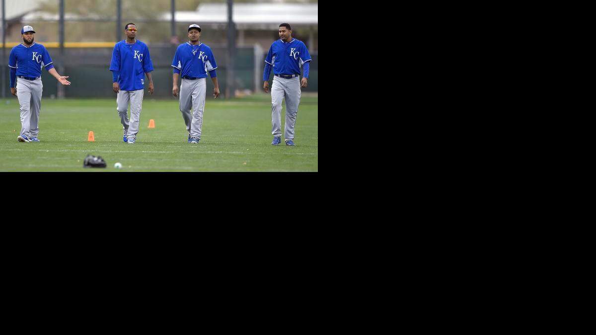 
ROYALS pitching squad: (from left) pitchers Kelvin Herrera, Yordano Ventura, Edinson Volquez and Franklin Morales cool down after running sprints during Saturday's spring training workout for the Royals on February 28, 2015 in Surprise, Ariz.
