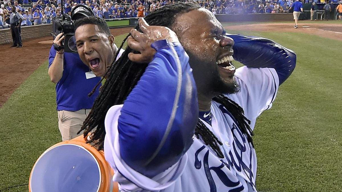 
Kansas City Royals starting pitcher Johnny Cueto (47) is covered in Gatorade by catcher Salvador Perez (13) after Cueto's complete game shutout of the Detroit Tigers during Monday's baseball game on August 10, 2015 at Kauffman Stadium in Kansas City, Mo.
