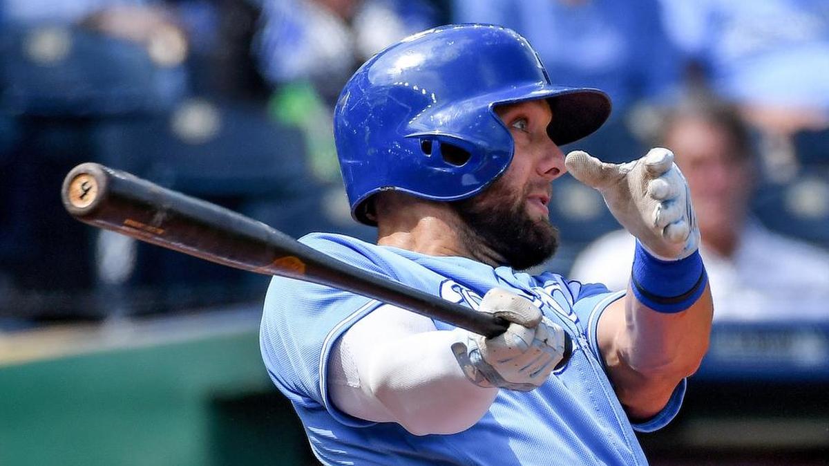 Kansas City Royals’ Alex Gordon follows through on a two run home run in the third inning during Wednesday’s baseball game against the Detroit Tigers on August 29, 2018 at Kauffman Stadium in Kansas City, Mo.