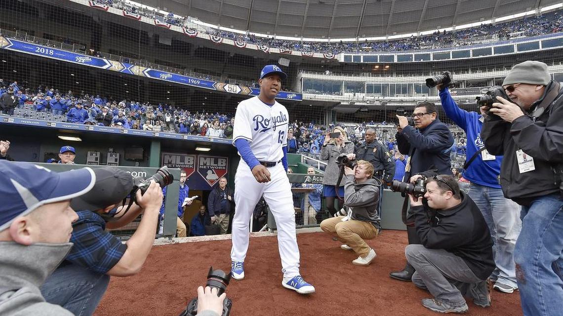 Kansas City Royals catcher Salvador Perez walks onto the field during opening day pregame ceremonies before a game against the Chicago White Sox on March 29, 2018, at Kauffman Stadium in Kansas City, Mo.