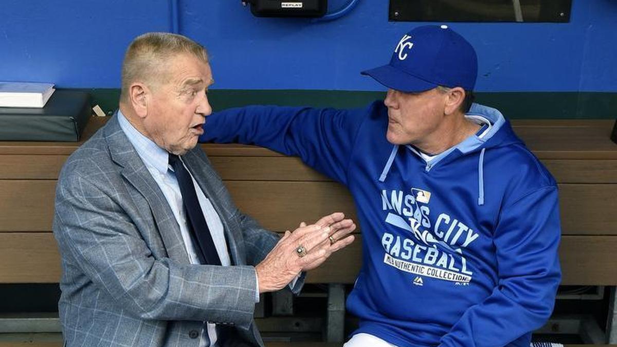 Former Kansas City Royals and St. Louis Cardinals Hall of Fame manager Whitey Herzog visits with Royals manager Ned Yost before Friday’s baseball game against the St. Louis Cardinals on May 22, 2015, at Kauffman Stadium in Kansas City, Mo.