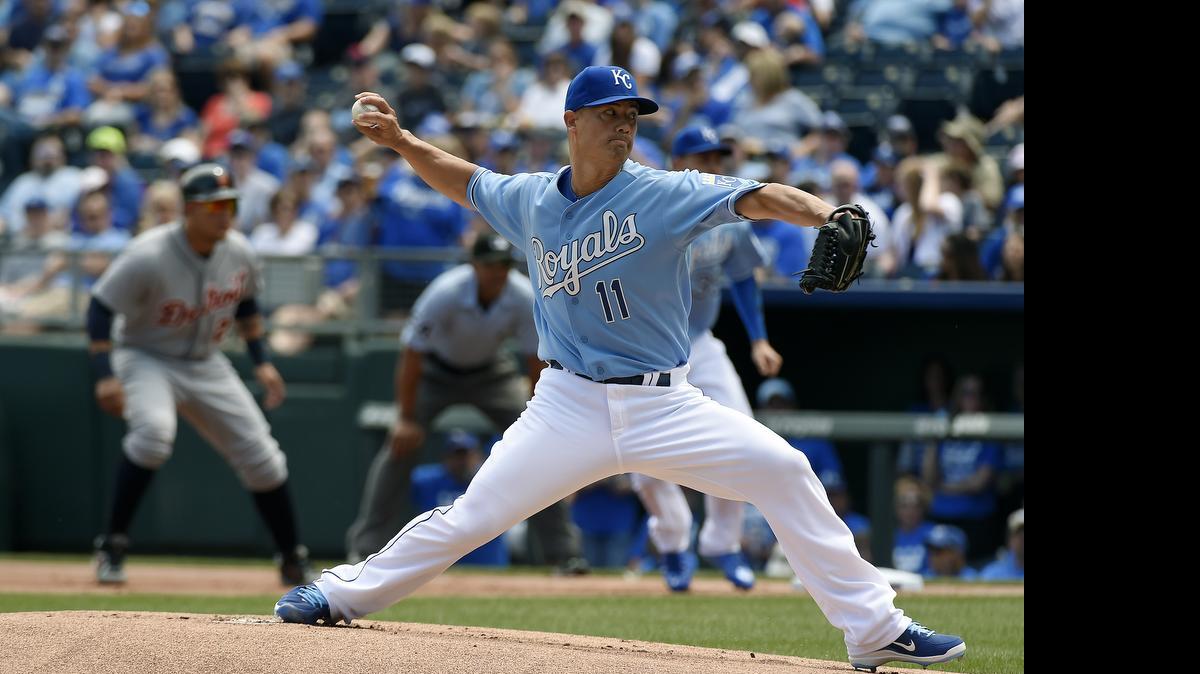 
Royals starting pitcher Jeremy Guthrie (11) throws in the first inning during Sunday's baseball game against the Tigers at Kauffman Stadium.
