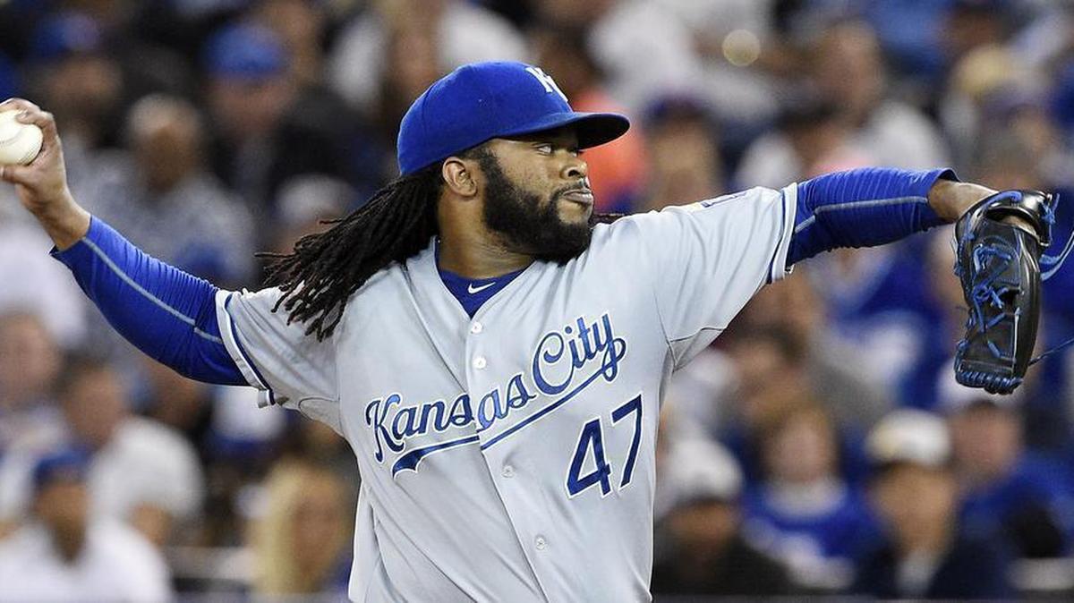 
Kansas City Royals starting pitcher Johnny Cueto throws in the first inning during Monday's ALCS baseball game on October 19, 2015 at Rogers Centre in Toronto.
