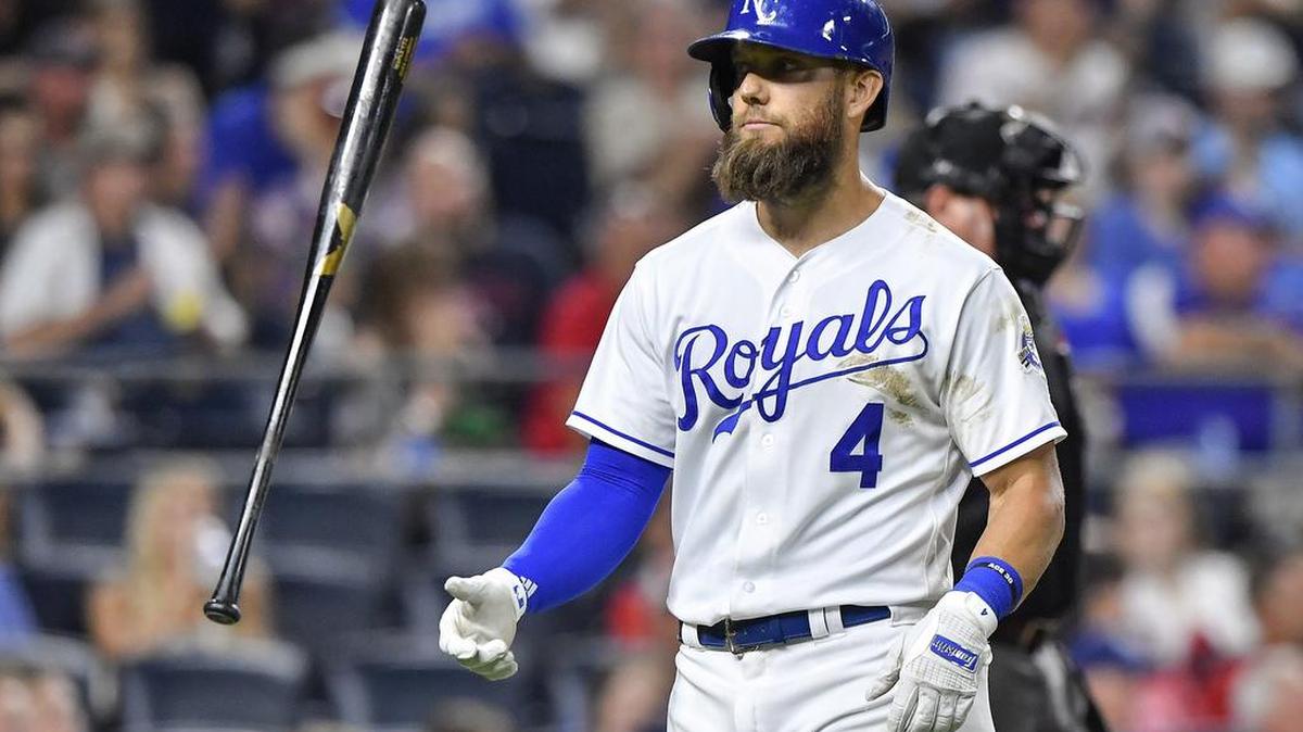 Kansas City Royals' Alex Gordon flips his bat after striking out in the eighth inning during Saturday's baseball game against the Boston Red Sox on July 7, 2018, at Kauffman Stadium in Kansas City, Mo.
