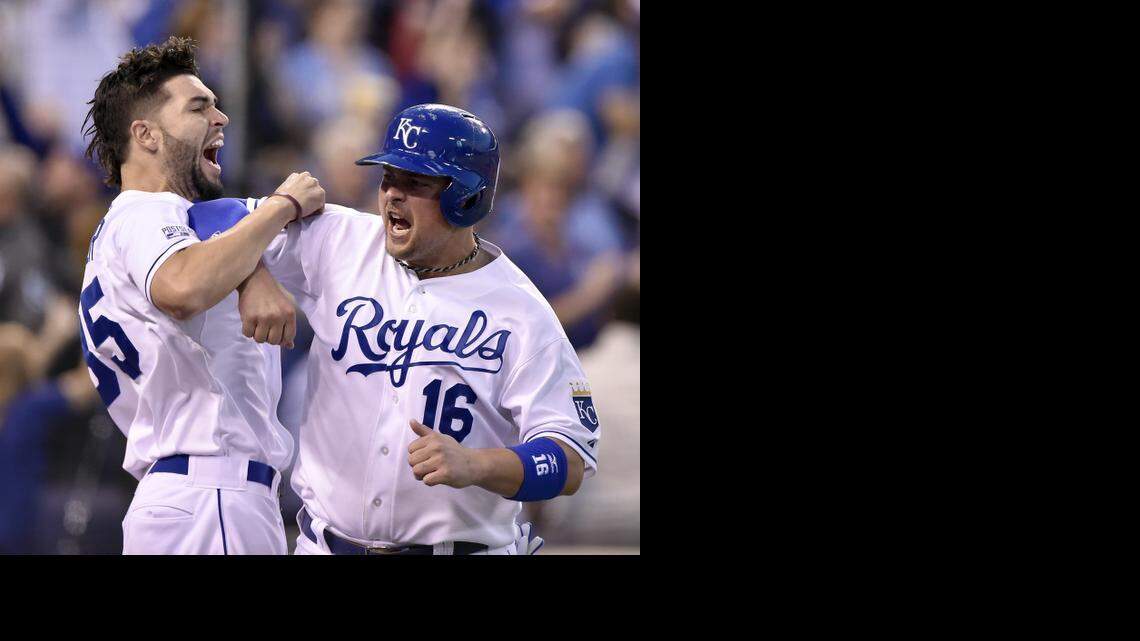 
Kansas City Royals first baseman Eric Hosmer was waiting to congratulate Kansas City Royals designated hitter Billy Butler when he came in to score in the first inning off an Alex Gordon double at Sunday's ALDS playoff baseball game on October 5, 2014 at Kauffman Stadium in Kansas City, MO.
