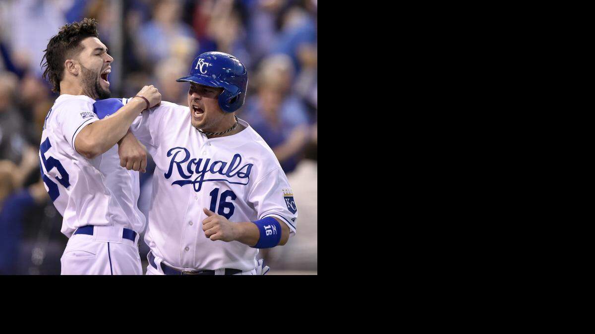 
Kansas City Royals first baseman Eric Hosmer was waiting to congratulate Kansas City Royals designated hitter Billy Butler when he came in to score in the first inning off an Alex Gordon double at Sunday's ALDS playoff baseball game on October 5, 2014 at Kauffman Stadium in Kansas City, MO.
