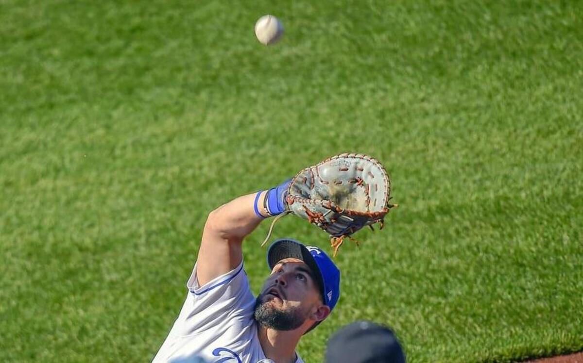 Kansas City Royals first baseman Eric Hosmer caught a foul ball during a game against the A’s in April.