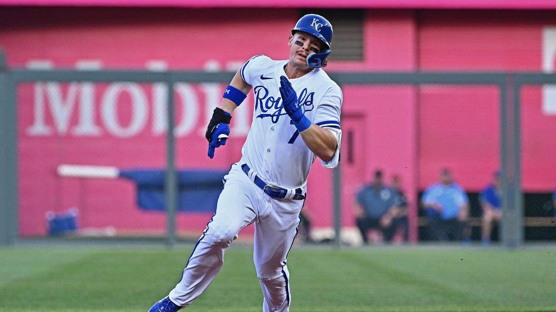 Kansas City Royals shortstop Bobby Witt Jr. (7) triples during the first inning against the Texas Rangers on Tuesday, April 18, 2023, at Kauffman Stadium.