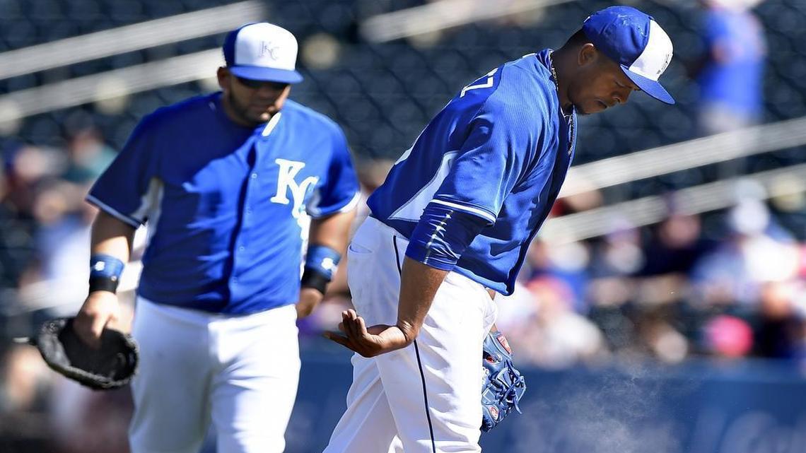 Former Royals designated hitter Kendrys Morales (left) and starting pitcher Edinson Volquez