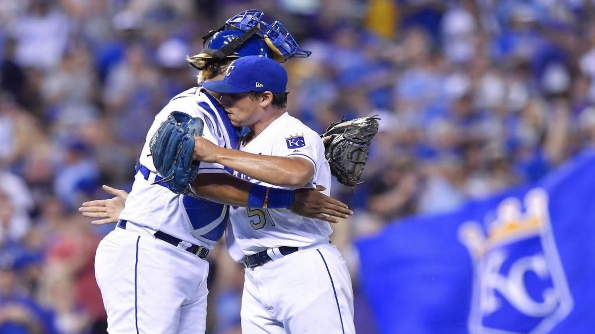 Kansas City Royals starting pitcher Jason Vargas is hugged by catcher Salvador Perez after a complete game shutout in a 4-0 win over the Cleveland Indians on June 2 at Kauffman Stadium.