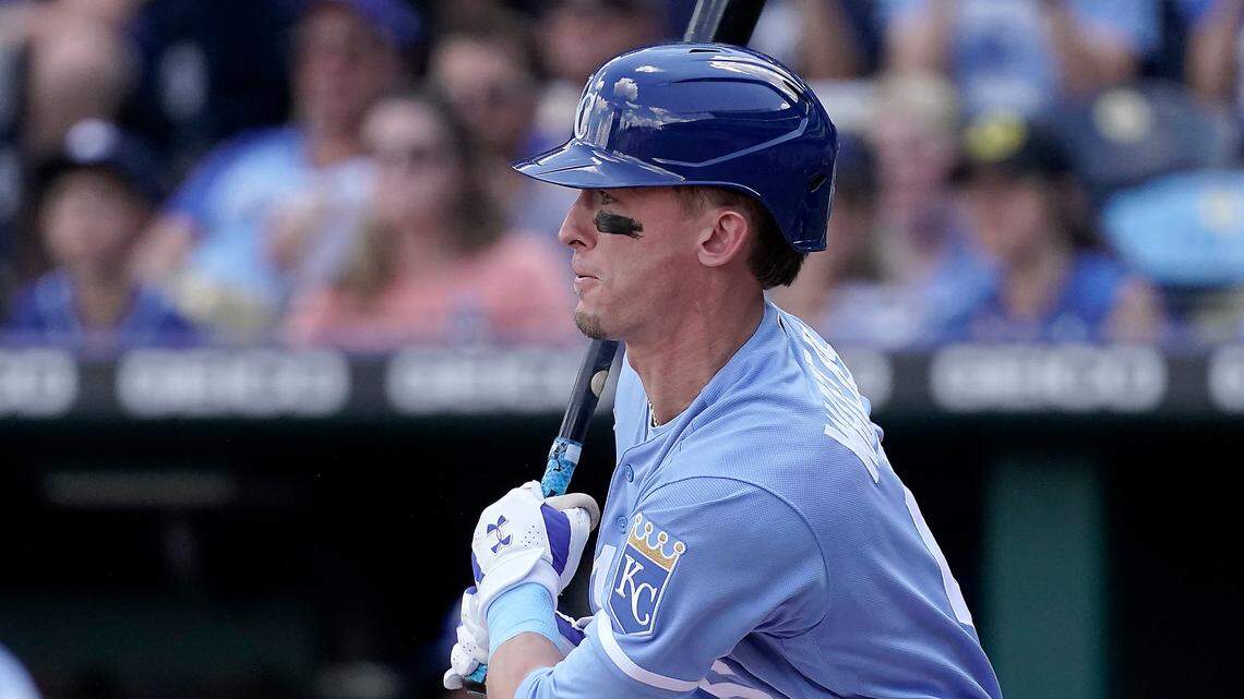 Kansas City Royals’ Drew Waters hits into a double play during the first inning of a baseball game against the Chicago White Sox Monday, Aug. 22, 2022, in Kansas City, Mo.