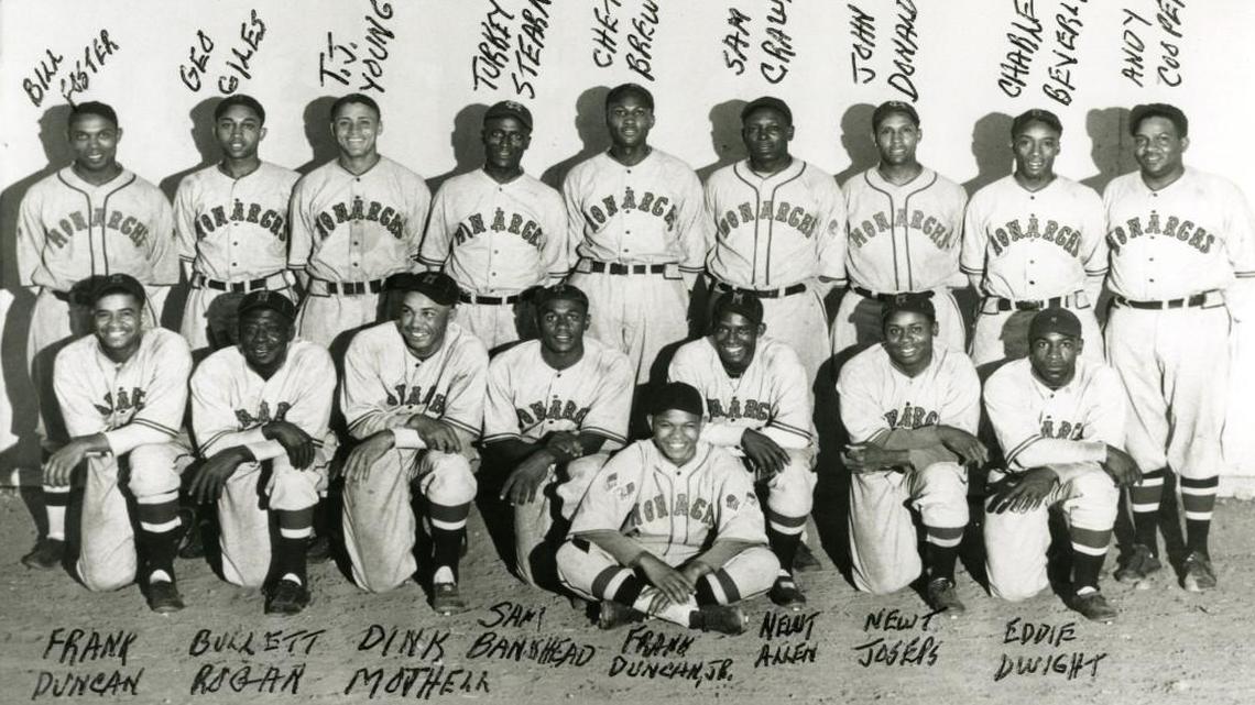 A team photo of the Kansas City Monarchs in 1934, with both Frank Duncan Jr. (at bottom, far left) and his son pictured. At the time, Frank Duncan III was a batboy for the club. He’d make his debut for the team seven years later as a pitcher.