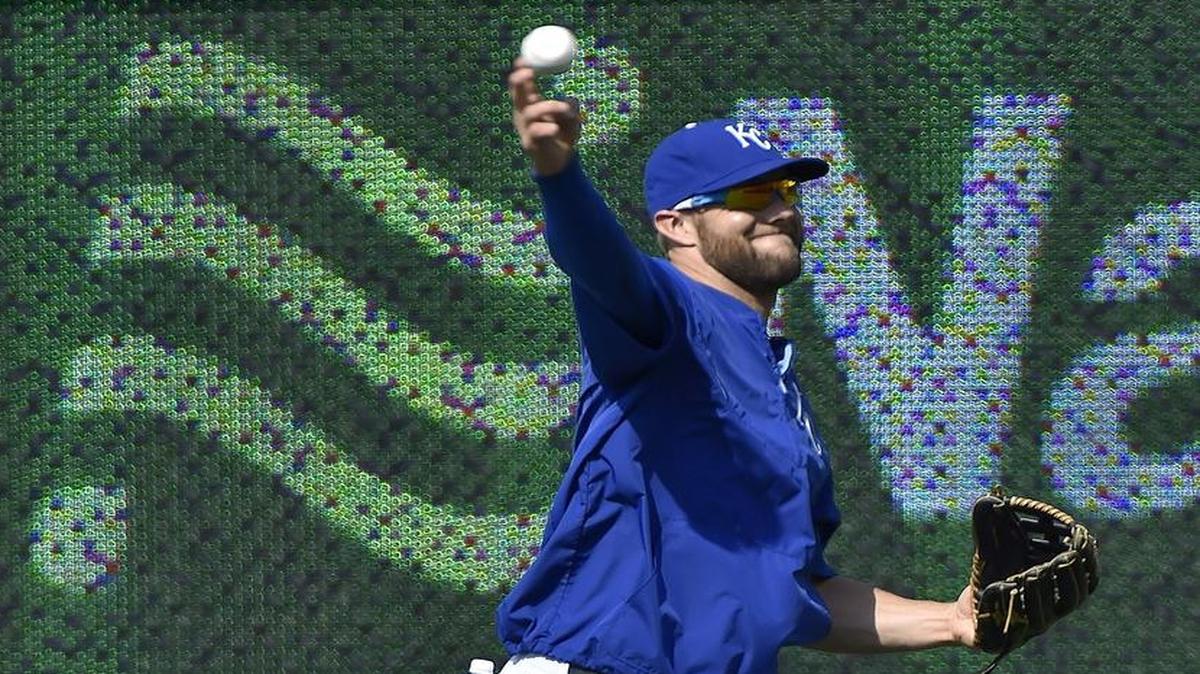 
Kansas City Royals left fielder Alex Gordon played catch in the outfield before a game against the Houston Astros on Friday, July 24, 2015, at Kauffman Stadium.
