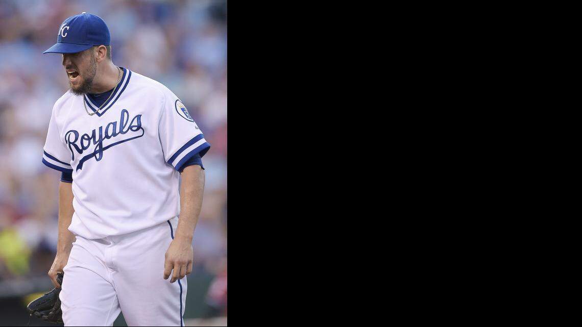 Kansas City Royals starting pitcher James Shields (33) was upset with himself as he walked off the field after the one run fourth inning during Saturday's baseball game against the Cleveland Indians on August 30, 2014, at Kauffman Stadium in Kansas City, Mo.