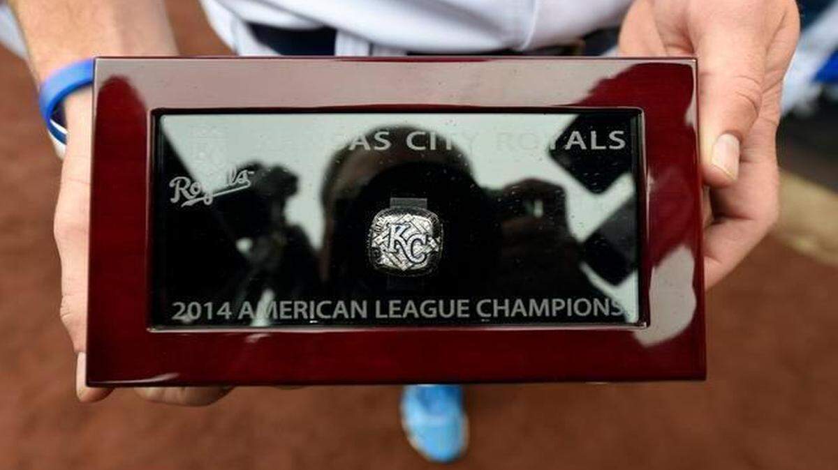 
A Royals player showed off his AL championship ring after the presentation ceremony Monday, April 6, 2015, at the Kansas City Royals season opening game against the Chicago White Sox at Kauffman Stadium.
