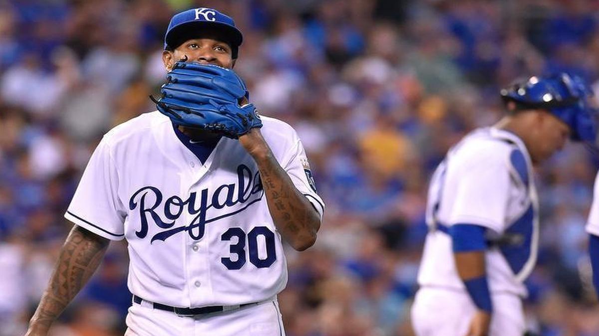 
Royals starting pitcher Yordano Ventura (30) walks off the field after being relieved in the fifth inning during Monday's baseball game against the Piratesat Kauffman Stadium.
