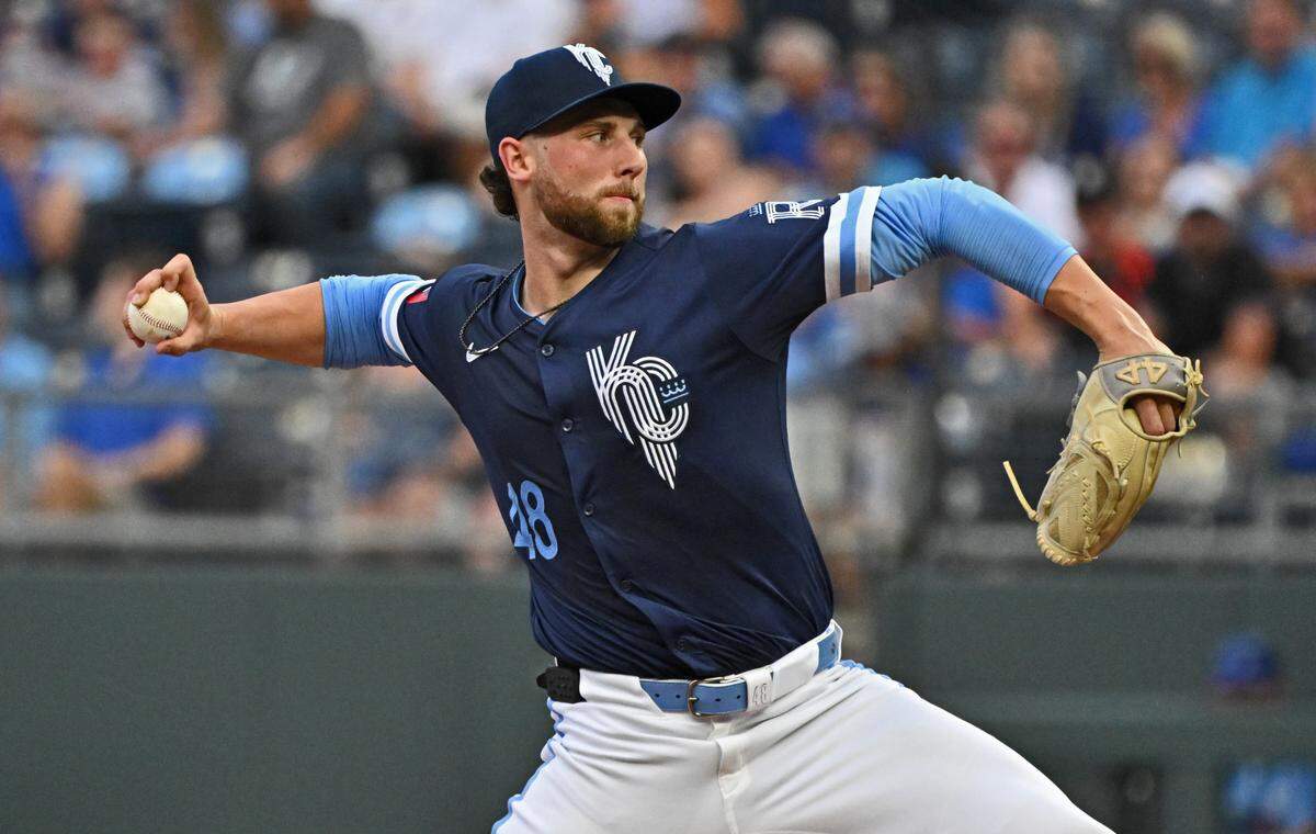 Kansas City Royals starting pitcher Alec Marsh (48) delivers a pitch in the first inning against the Cleveland Guardians on June 28, 2024 at Kauffman Stadium in Kansas City.