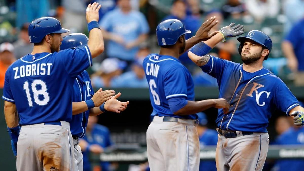 
Mike Moustakas (right) celebrated his grand slam with Royals teammates Ben Zobrist (18), Kendrys Morales and Lorenzo Cain (6) in the seventh inning against the Orioles Saturday in Baltimore. 
