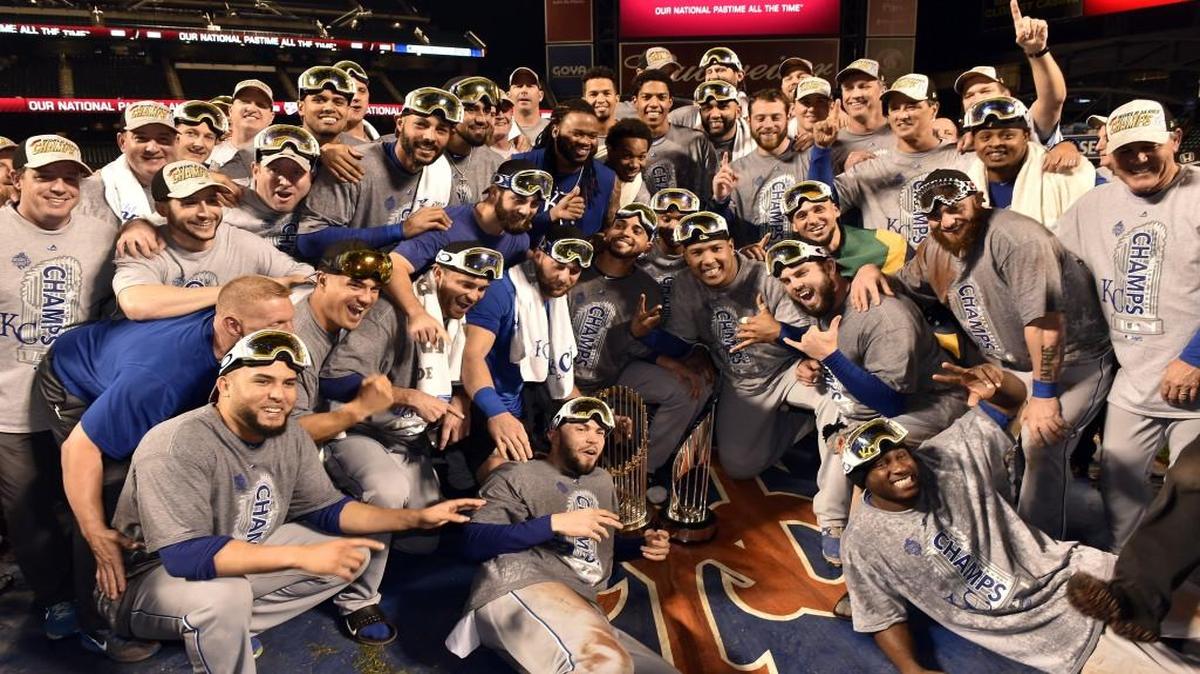 The posed for a group photo with the World Series after Kansas City defeated the Mets 7-2 in Game 5 on Sunday at Citi Field in New York to win the best-of-seven series four game to one. It is the Royals second World Series championship. The first was in 1985.