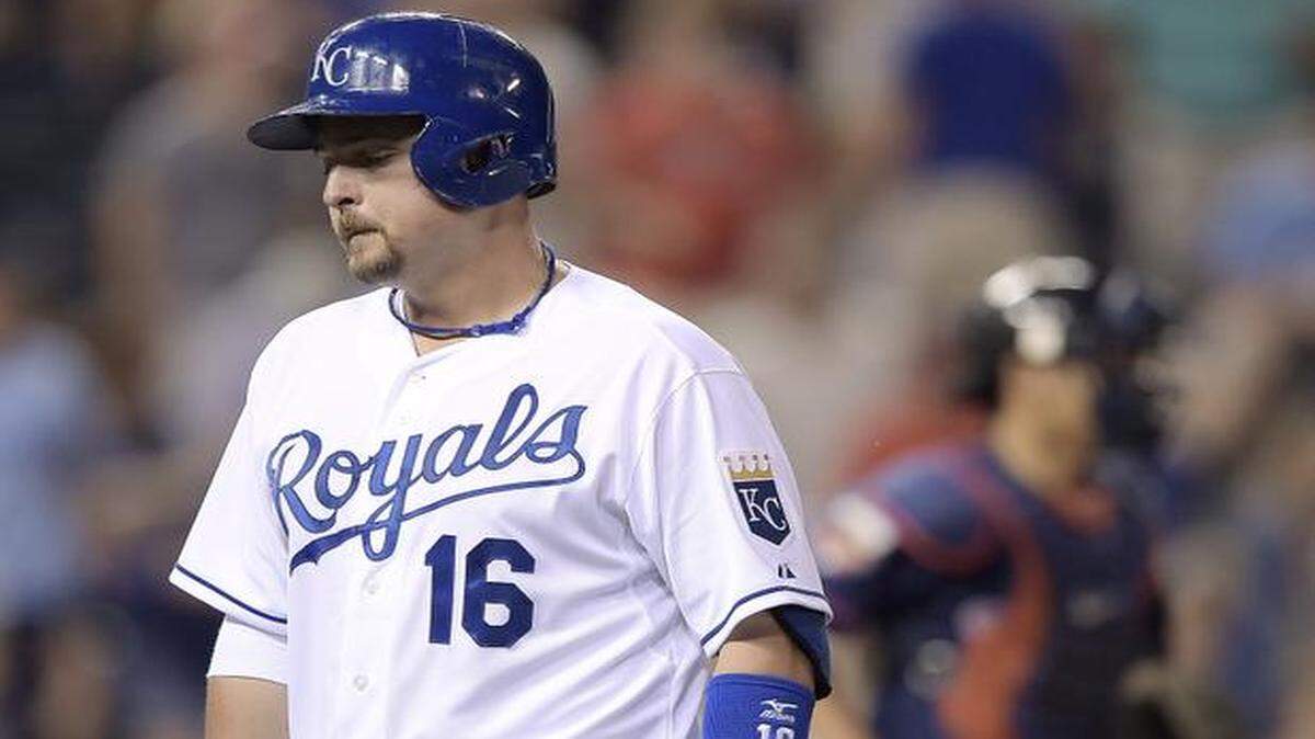 
Kansas City Royals designated hitter Billy Butler (16) walks off the field after lining out to end the ninth inning and the game during Tuesday's baseball game on July 29, 2014, at Kauffman Stadium in Kansas City, Mo. The Twins won, 2-1.
