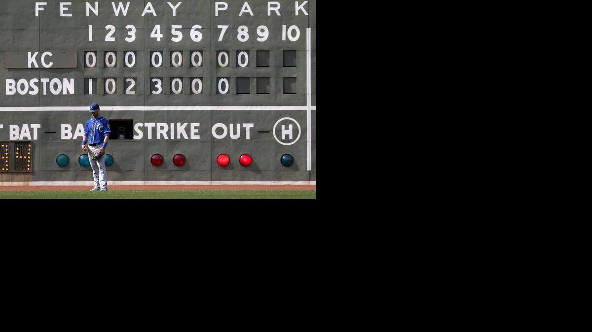 
The scoreboard on Fenway Park’s Green Monster behind Royals left-fielder Alex Gordon told the story of Kansas City’s game Sunday against the Red Sox. Boston went on to beat the Royals 6-0.
