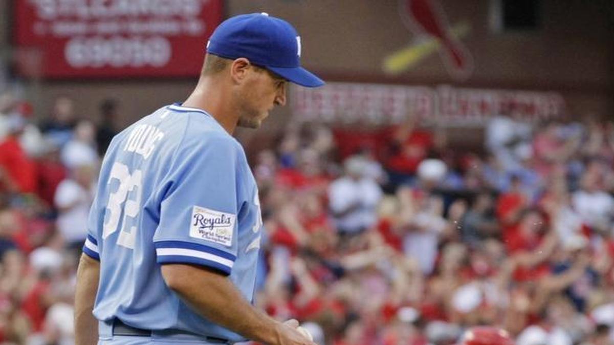 
Royals starter Chris Young walked to the mound with another baseball while the Cardinals’ Randal Grichuk rounded the bases after hitting a two-run home run in the second inning Thursday.
