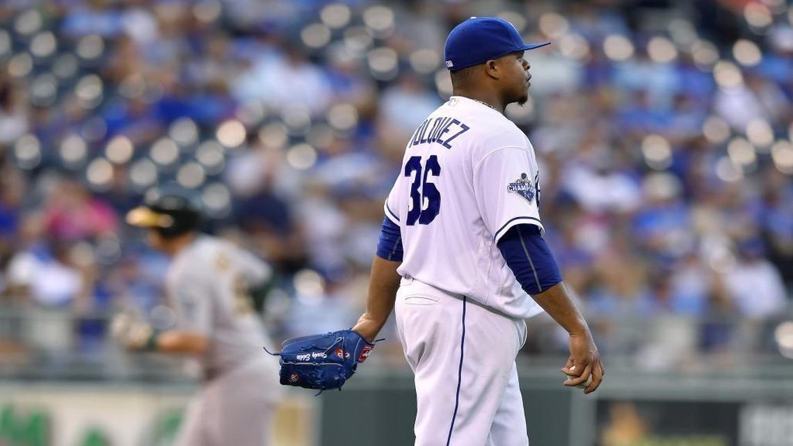 Kansas City Royals starting pitcher Edinson Volquez turned away from the infield as Oakland’s Ryon Healy rounded the bases on a three-run home run in the third inning Thursday night at Kauffman Stadium.
