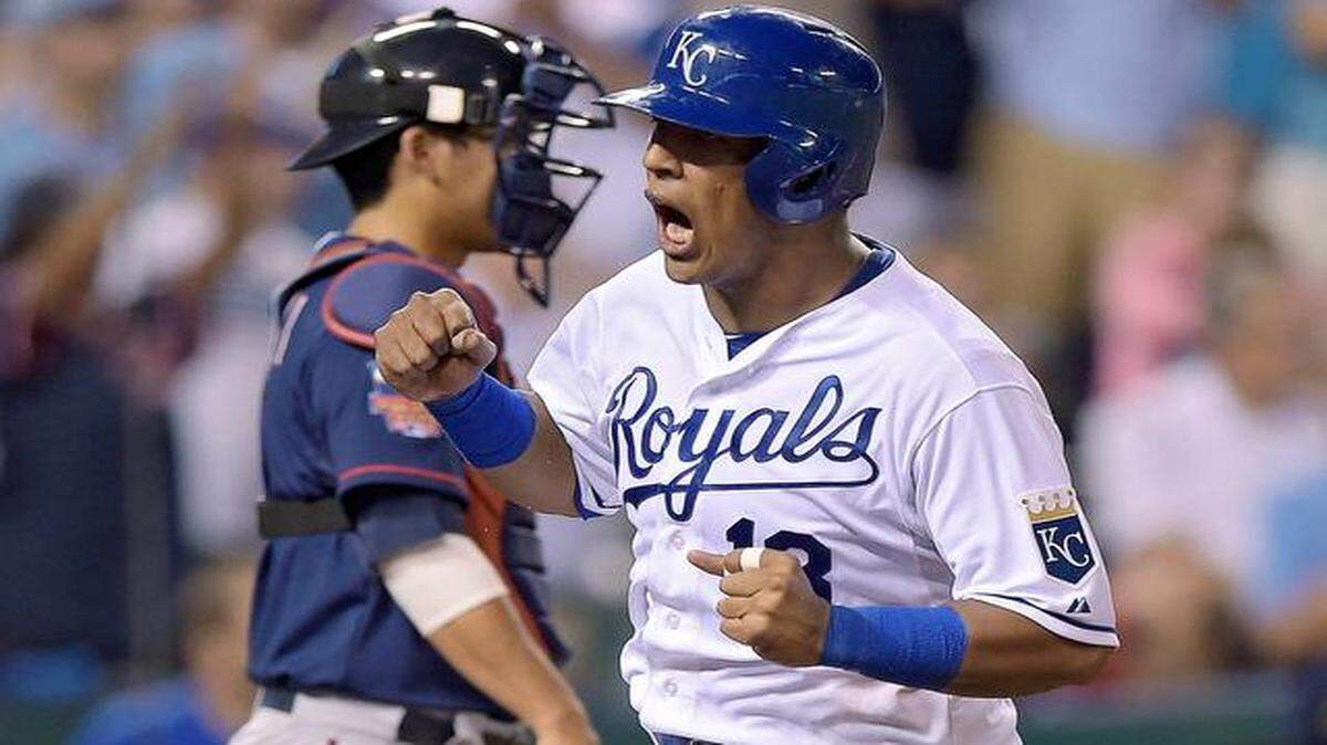 
Salvador Perez celebrated after crossing home plate on a double by Alex Gordon, part of a three-run sixth inning that gave the Royals all the runs they needed to beat the Minnesota Twins 3-2 on Wednesday night at Kauffman Stadium.

