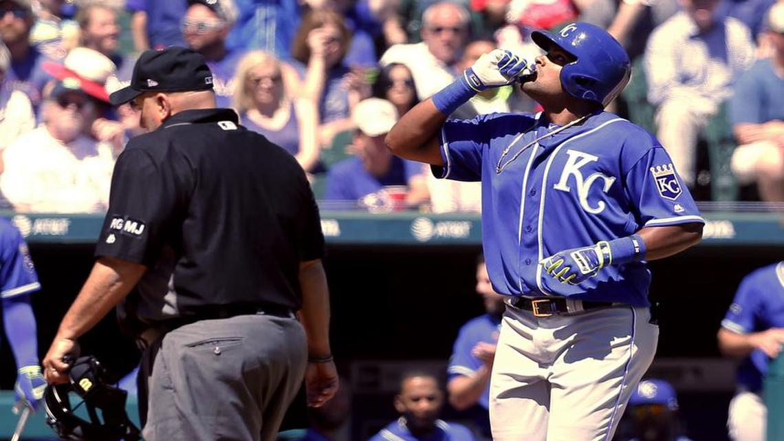 The Royals’ Jorge Bonifacio celebrated as he crossed home plate after hitting a solo home run against the Rangers in the third inning Sunday in Arlington, Texas.