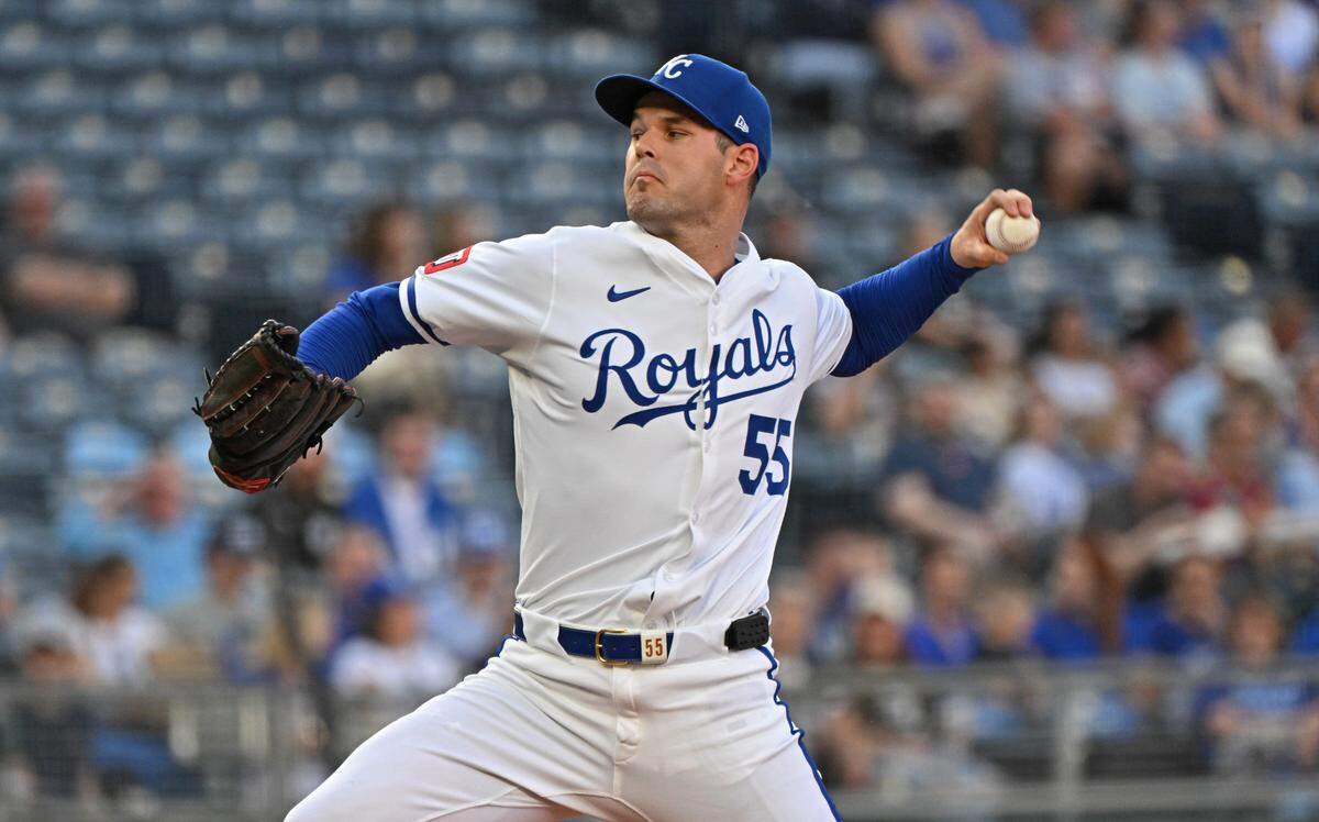 Kansas City Royals pitcher Cole Ragans (55) throws in the first inning against the Chicago White Sox on May 5, 2025 at Kauffman Stadium in Kansas City.