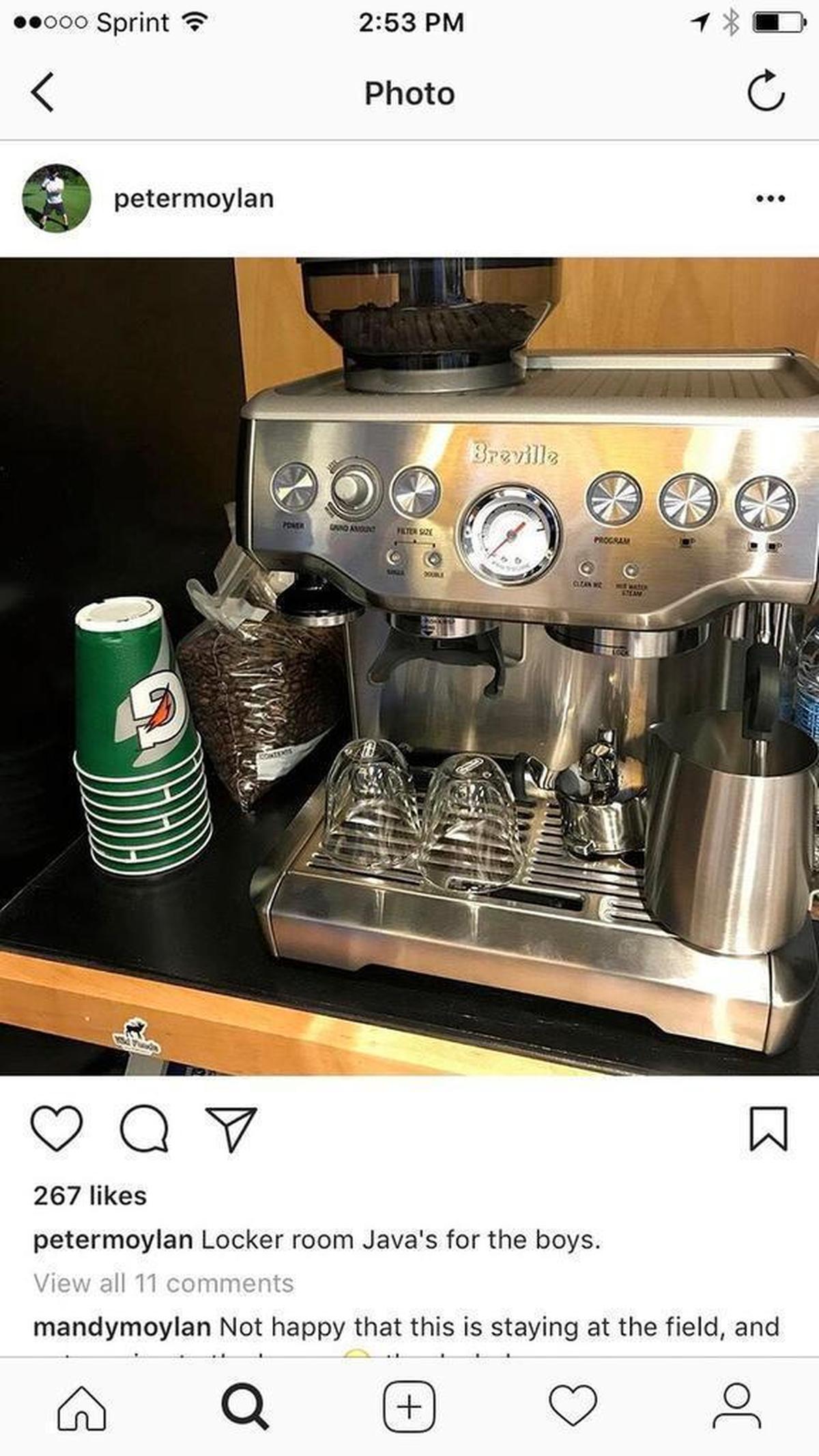 On his Instagram account, Royals relief pitcher Peter Moylan showed off the espresso machine he purchased for the team’s clubhouse.