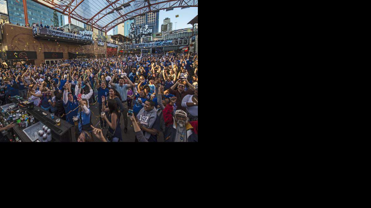 
People celebrating Kansas City Power & Light District after watching theRoyals beat the Baltimore Orioles, 2-1, on Oct. 15, in game four of the American League Championship Series. The win sent the Royals to the World Series.

