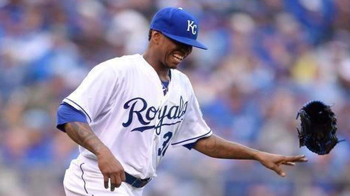 
Kansas City Royals starting pitcher Yordano Ventura threw off his glove in the sixth inning after he experience severe pain in his throwing arm after throwing a pitch Monday, April 6, 2015, at the Kansas City Royals season opening game with the Chicago White Sox at Kauffman Stadium.
