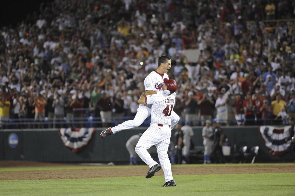 Whit Merrifield (top) had the game-winning hit for South Carolina in the 2010 College World Series at Rosenblatt Stadium in Omaha, Neb.