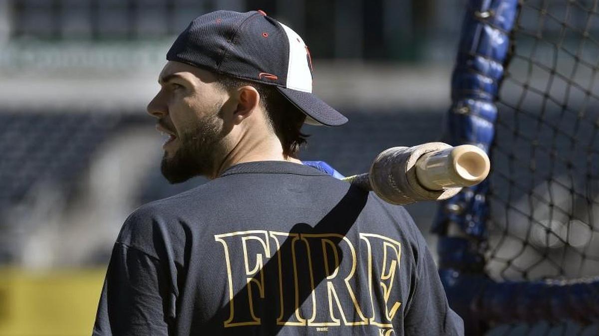 
Kansas City Royals first baseman Eric Hosmer wore a Kansas City Fire Department shirt during Tuesday’s workout at Kauffman Stadium. Hosmer, whose father was a firefighter, was honoring two Kansas City Missouri firefighters who died while fighting a large fire Monday night.
