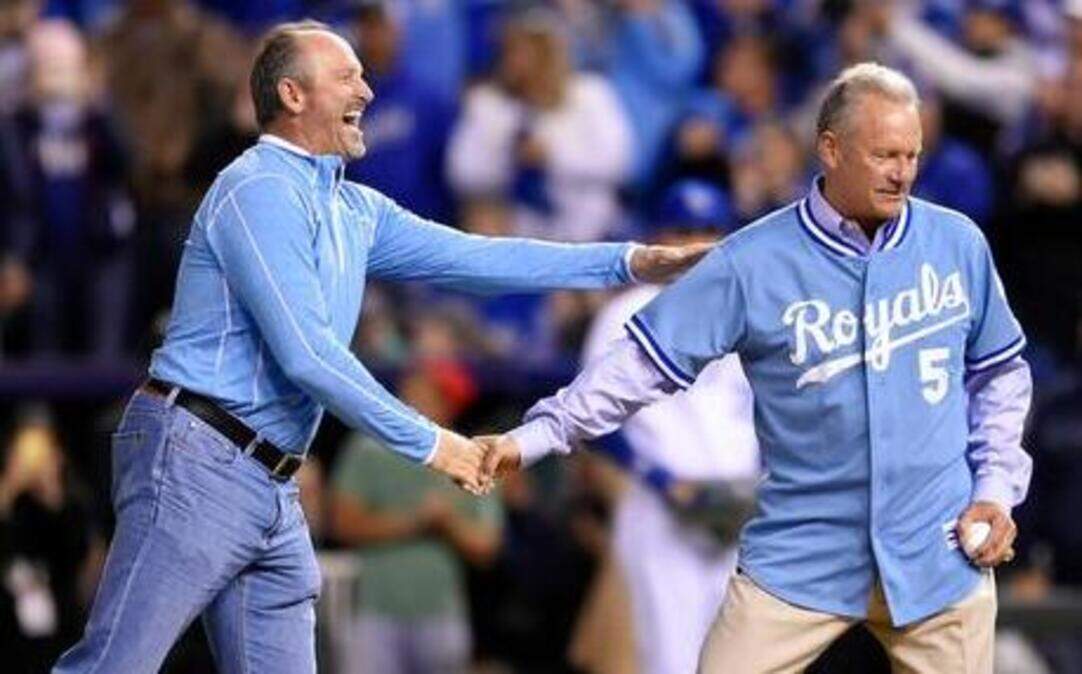 
Former Royals pitcher Bret Saberhagen gave Hall of Fame third baseman George Brett a pat on the back before Brett threw out the ceremonial opening pitch before the AL Championship Series game on Oct. 14 at Kauffman Stadium.


