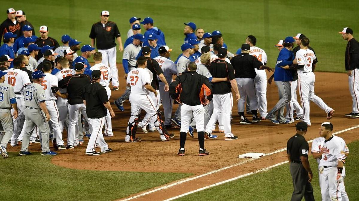 The Kansas City Royals’ and Baltimore Orioles’ benches cleared after KC's Yordano Ventura hit Baltimore’s Manny Machado with a pitch in the fifth inning. The Orioles followed with back-to-back home runs.