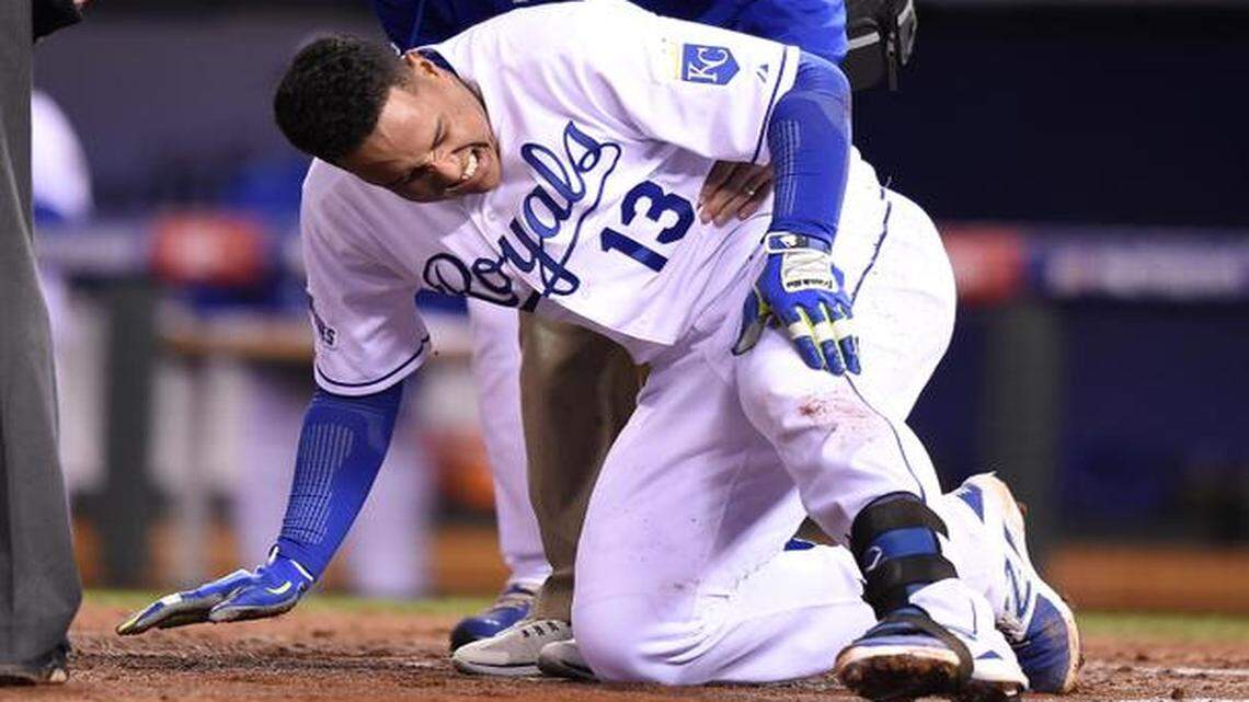 Royals catcher Salvador Perez was hit by a pitch from the Giants’ Tim Hudson in the second inning, but he stayed in the game.