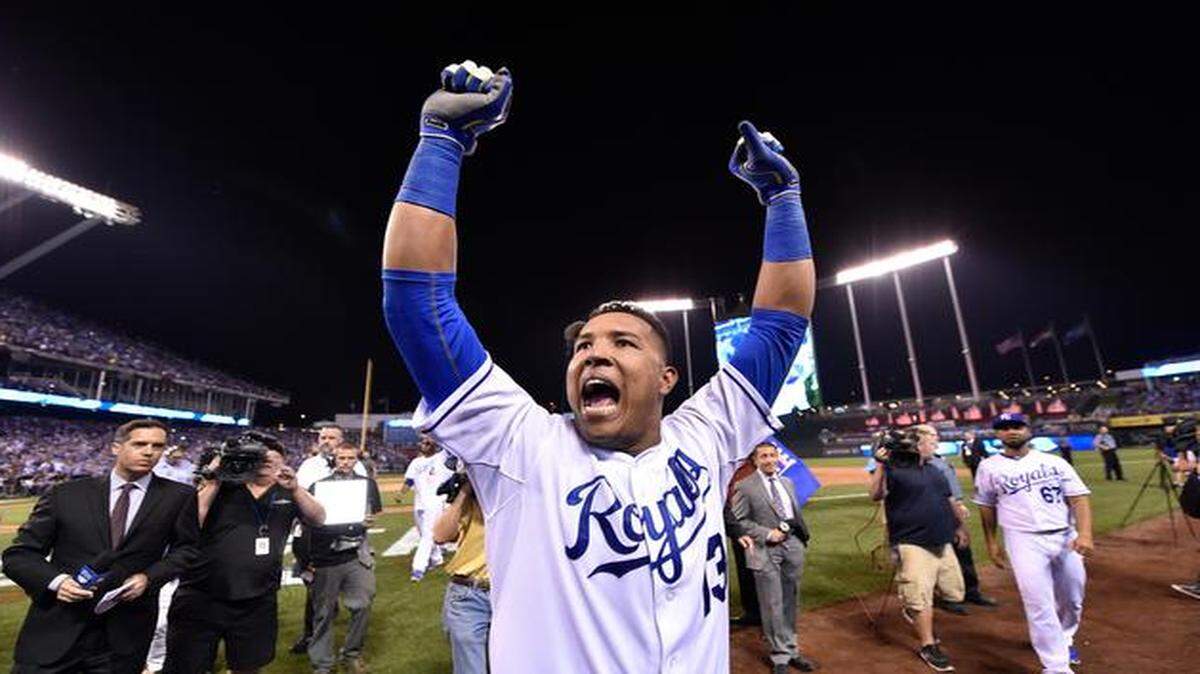 
Catcher Salvador Perez celebrated after his hit knocked in the game-winning run in the 12th inning of the Royals’ Wild Card playoff game against the Oakland A’s. The Royals now will take on the Los Angeles Angels in the American League Division Series beginning Thursday in Anaheim.
