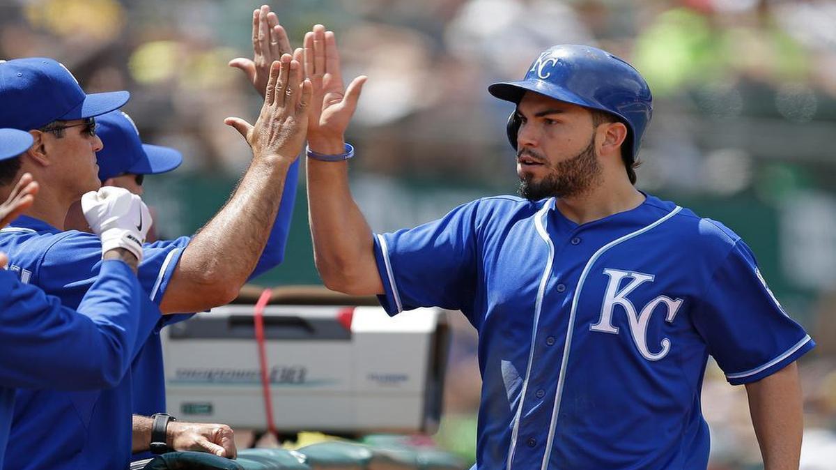 
The Royals’ Eric Hosmer (right) celebrated on a single by Kendrys Morales in the sixth inning Saturday against the Athletics in Oakland.
